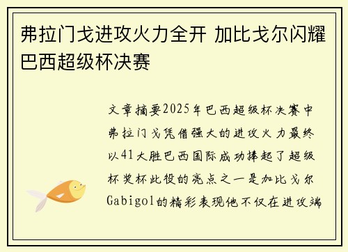 弗拉门戈进攻火力全开 加比戈尔闪耀巴西超级杯决赛